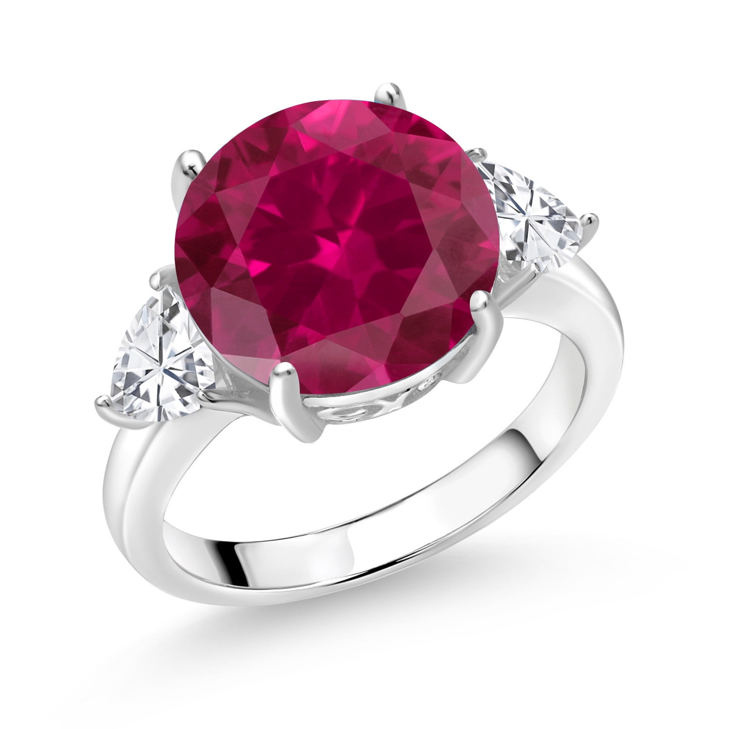 Gem Stone King 8.54 Cttw Red Created Ruby 3-Stone Ring for Women | 925 Sterling Silver | Round 12MM and Trillion 5MM | Three Stone Wedding Engagement Anniversary Promise Ring for Women