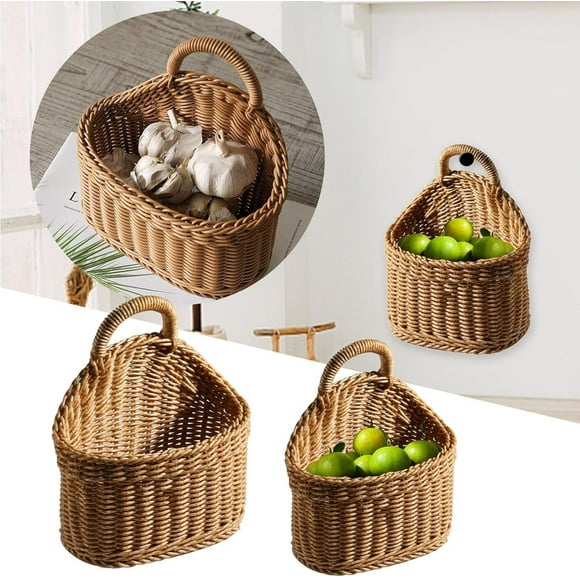 Cagogo 2Pcs Wall Hanging Storage Basket, Plastic Woven Decorative Organizer, Handmade Farmhouse Wall Decor, Home Living Room Bathroom Storage, Wall Mounted Basket for Keys Mail Plants