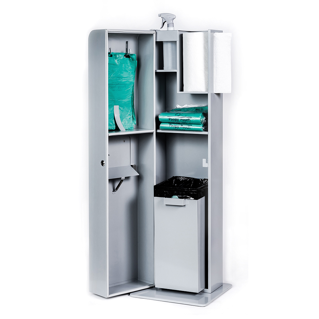 Indoor Dog Waste and Sanitation Station - Includes Built-in Bag Dispenser, Enclosed Trash Bin, Paper Towel Holder, Spray Bottle