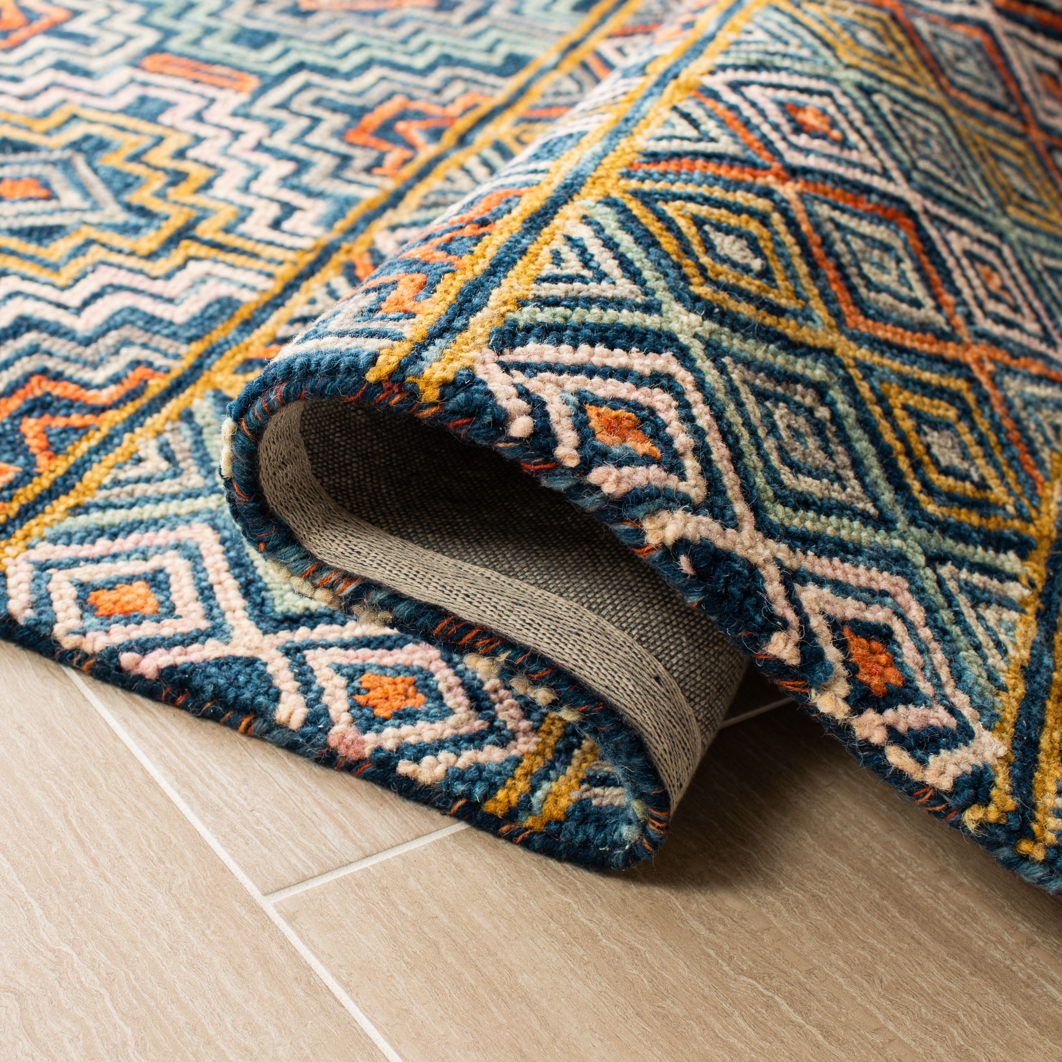 SAFAVIEH Aspen Ethelbert Geometric Wool Runner Rug, Blue/Gold, 2'3" x 19'