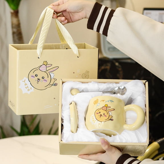 Cartoon Cute Chiikawa Usagi Ceramic Cup with Lid and Spoon Gift Box Set High-looking Mug Coffee Cup Water Cup Gift