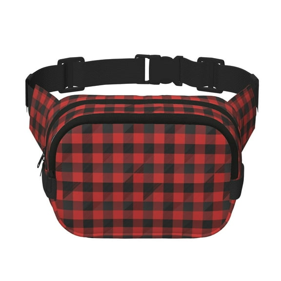 Rateoe Red Black Plaid Print Fanny Pack Belt Bag for Women and Men, Square Double-Layer Waterproof Waist Pack with Adjustable Strap for Hiking, Jogging, Cycling