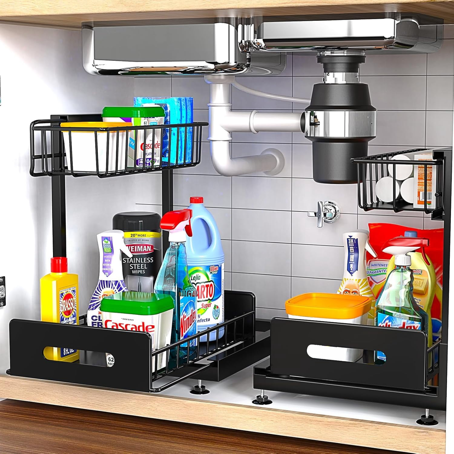 2 Pack Under Sink Organizer and Storage,Pull Out Cabinet Organizer 2 Tier Slide Out Sink Shelf Cabinet Organizer Adjustable Metal Under Counter Organizers for Kitchen Bathroom Organization（White）