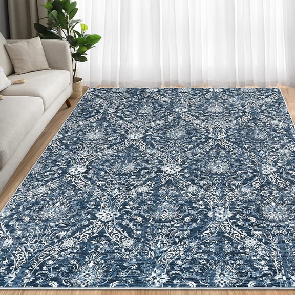 Vintage Floral Area Rug 5' x 7' Non-Slip Washable Non-Shedding Low-Profile Polyester Floor Rug - 复古花卉5'x7'防滑可水洗地毯, blue