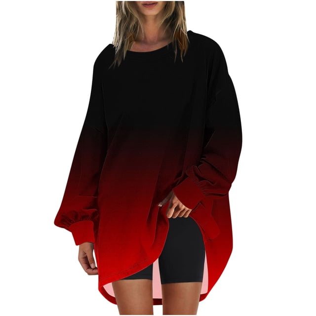 Swstbby Liquidation d'Économies d'Automne! Hauts d'Automne pour Femmes Grande Taille, Chandail à Col Rond Surdimensionné pour Femmes Imprimé Tunique à Manches Longues Rouge TTG