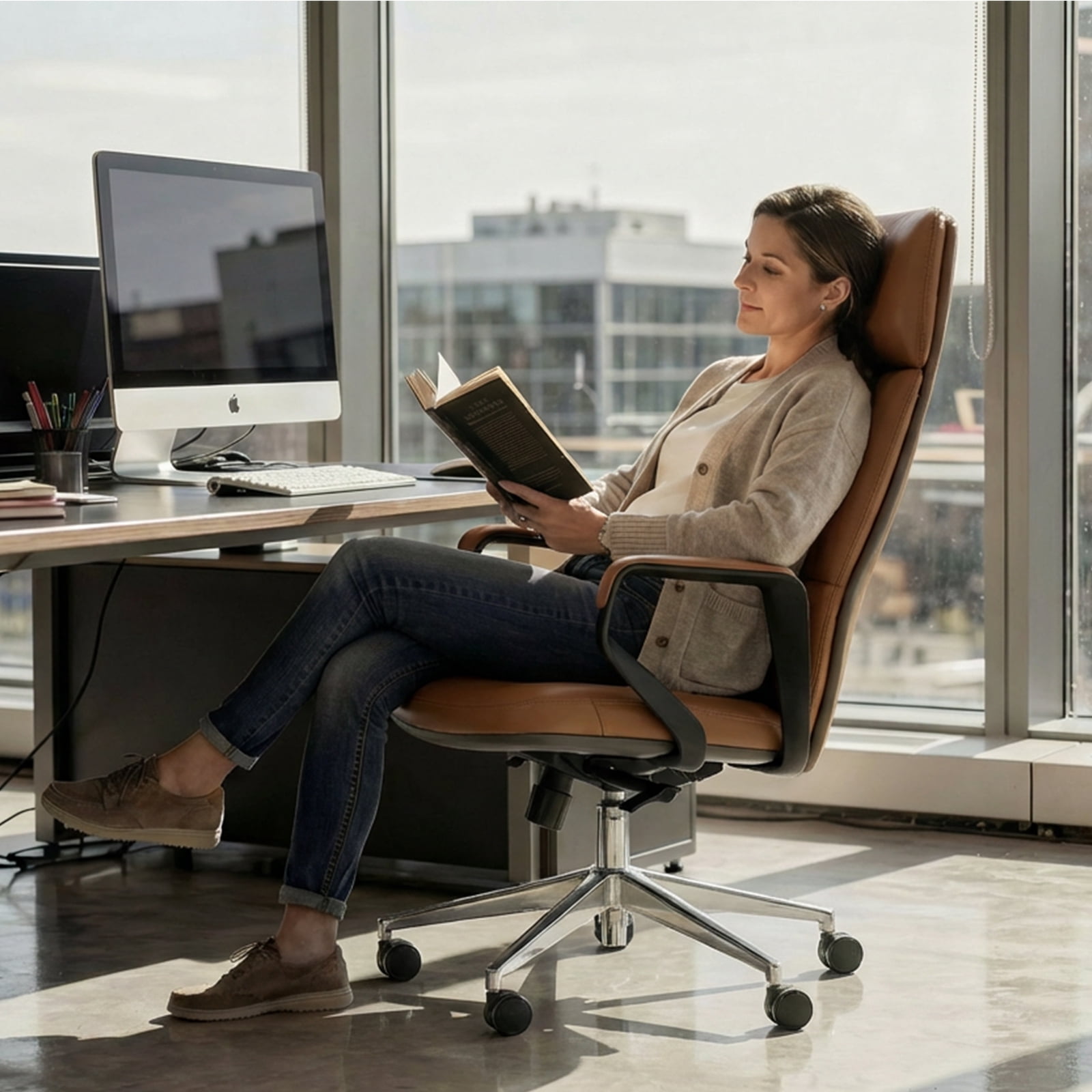 PU Leather High Back Office Chair with , ergonomic lumbar support 400lbs, sturdy metal base, 360° silent wheels, fit for home and office