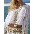 thumbnail image 3 of Camisa de manga larga con lazo y encaje de estilo bohemio para mujer de moda 2024 Camisa de verano Cuello Peter Pan Mujer, 3 of 4