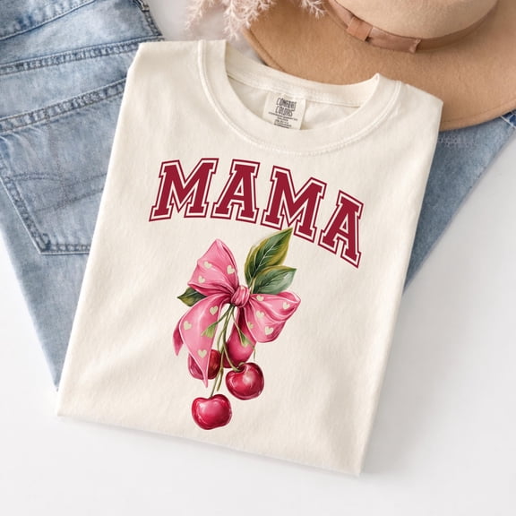 Comfort Colors® Mothers Day Shirt, Mama Cherry Bow T-Shirt, Cute Vintage Style Mom Tee, Mothers Day Gift, Gift For Her