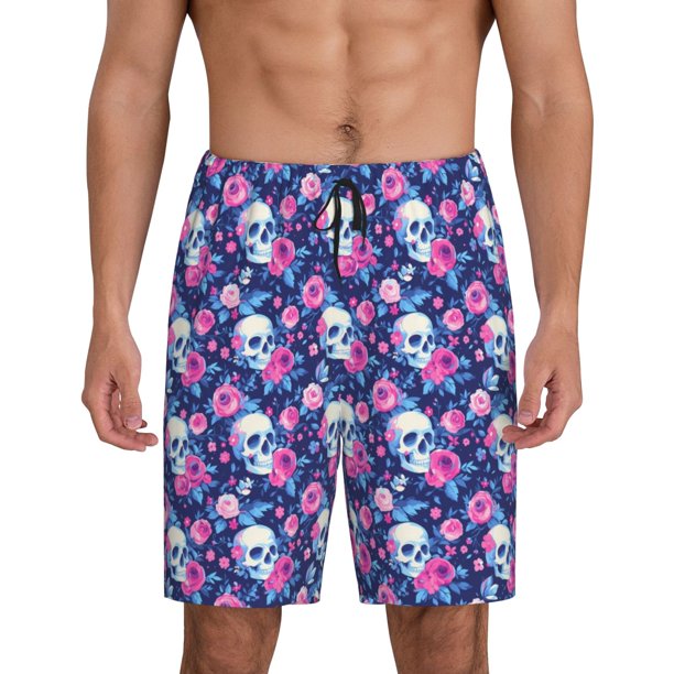 Balery Skull Flower Pantalones cortos de pijama de punto de algodón para hombre con cinturilla y bolsillos-4X-Large