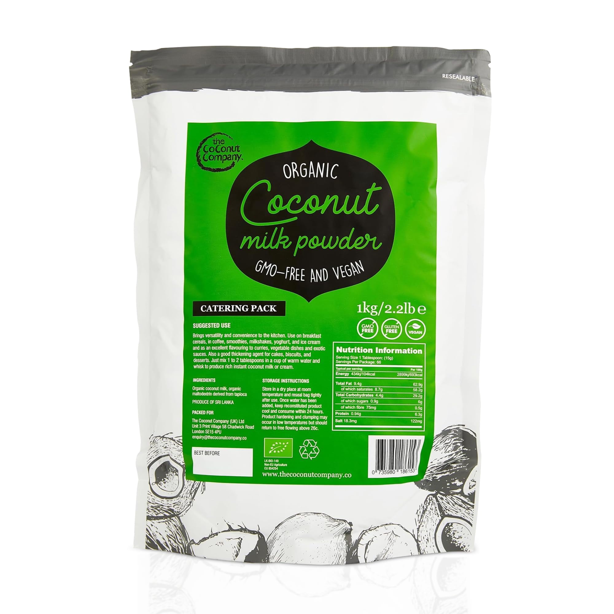Organic Vegan Coconut Milk Powder - 1KG - Dairy-free Alternative - Gluten-free Organic Certified Powdered Coconut Milk Bulk