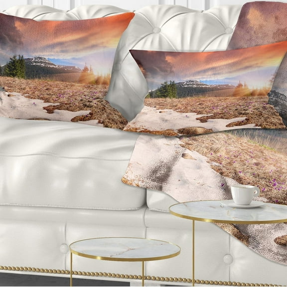 Designart Blooming Crocuses in Mountains - Landscape Photography Throw Pillow - 12x20