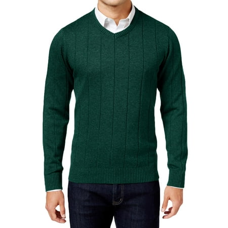 Classic Ribbed Pullover - John Ashford Men's Green Striped-Texture Ribbed Trim V-Neck Sweater M BHFO 3670