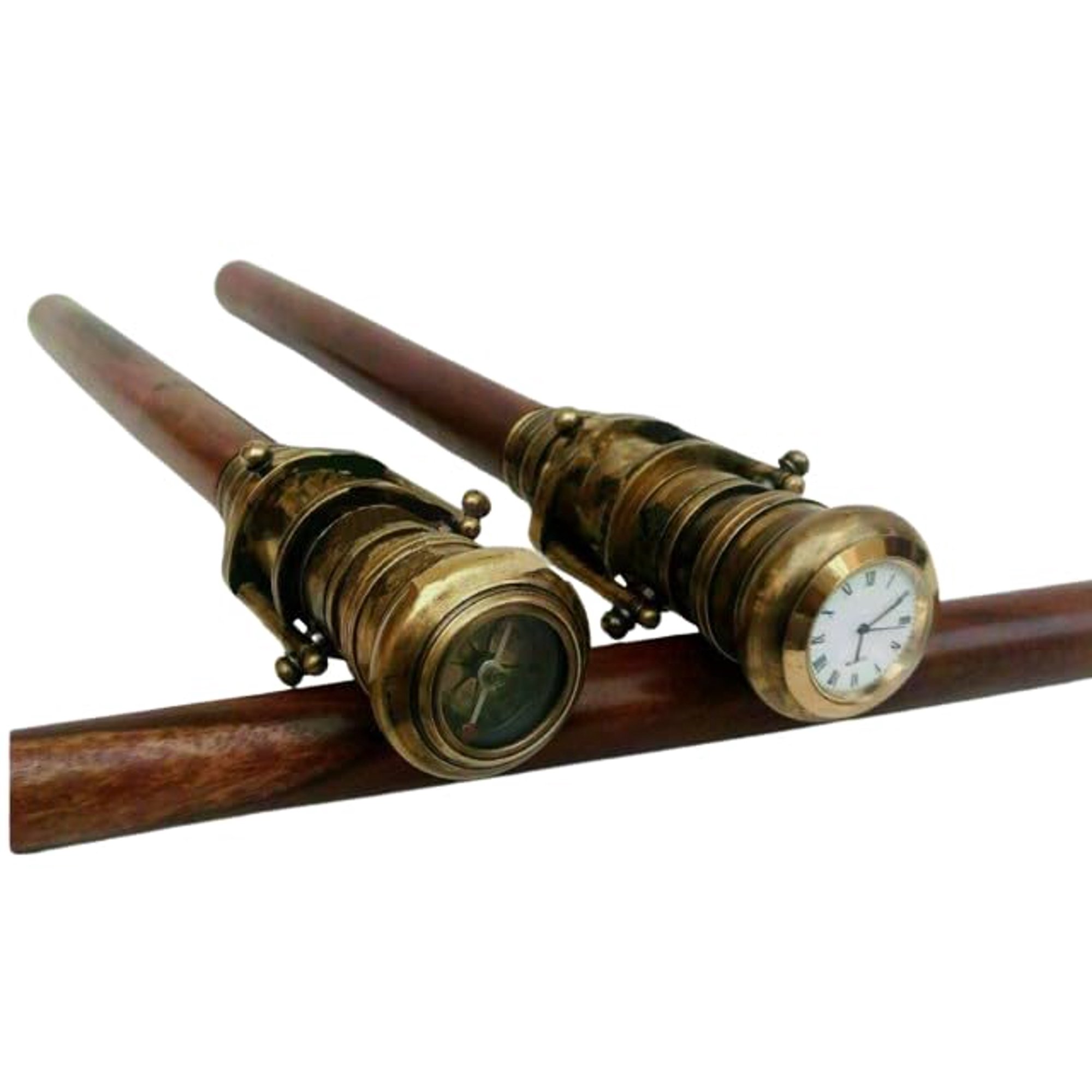 Generic 2 Complete Set Compass Clock On Top Telescope Handle Antique Walking Stick Cane, As show in picture