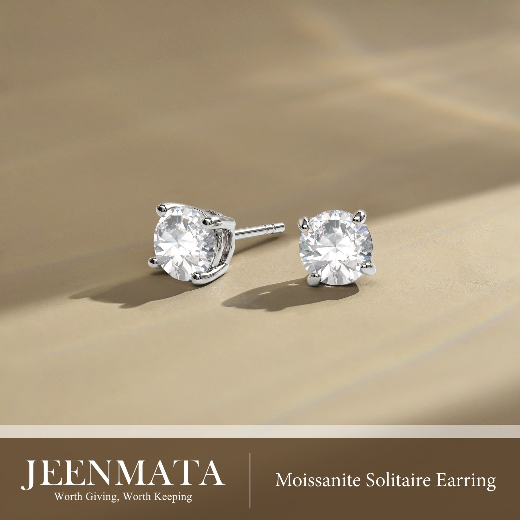 JeenMata 4 Prong 2 Carat Round Shaped Moissanite Solitaire Stud Earrings in 18k White Gold Plating for Women