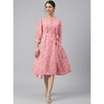 thumbnail image 3 of Janasya Pink Georgette Floral Print Casual A-line Cuffed Sleeves Round Neck Loose Midi Dress With Belt, 3 of 7
