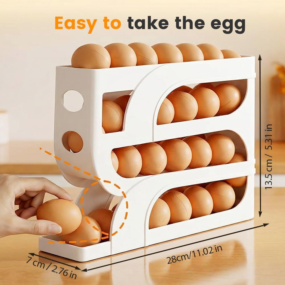 Auto Rolling Egg Holder for Fridge, 4-Tier Egg Dispenser Organizer Holds 28 Eggs, No Assembly Space-Saving Egg Storage Rack for Refrigerator & Countertop
