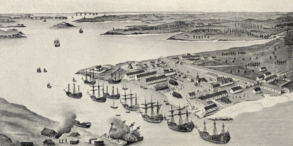 Lorient Port Brittany France February 1690 In The Foreground The Ships Of Nesmonds Division In Front Of The Company Enclosure And Behind The City Of Port Louis And The Squadron In The Harbour Of Groix