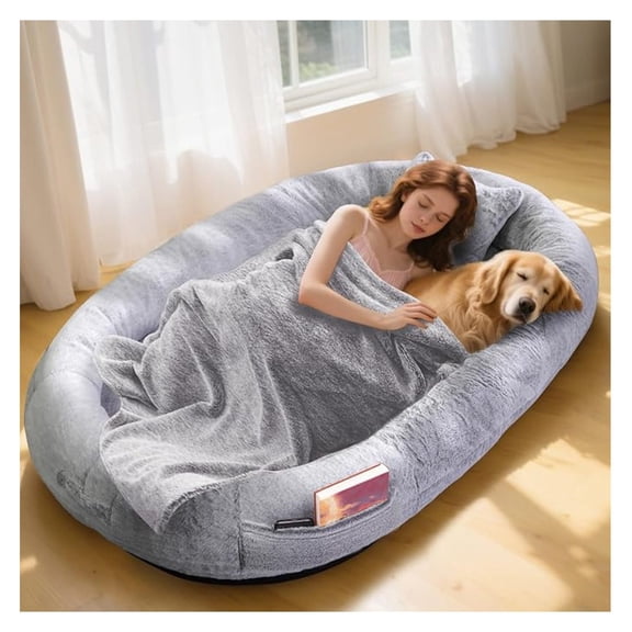 Human Dog Bed for Adults and Pets,71"x45"x14" Human Size Giant Dog Bed,Washable Faux Fur Cover Napping Orthopedic Bean Bag Bed for Humans with Blanket and Pillow,Gray