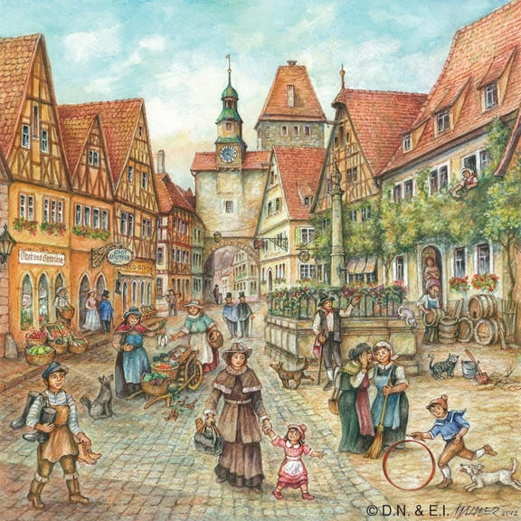 Village Street Scene German Gift Magnet Tile