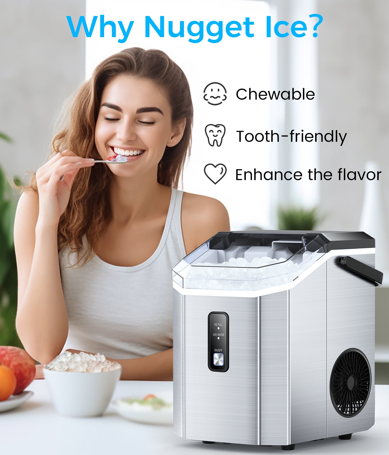 Countertop Nugget Ice Maker, Stainless Steel, 33lbs/Day, Self-Cleaning, Portable Nugget Ice Maker Machine with Handle, Scoop and Basket, Silver