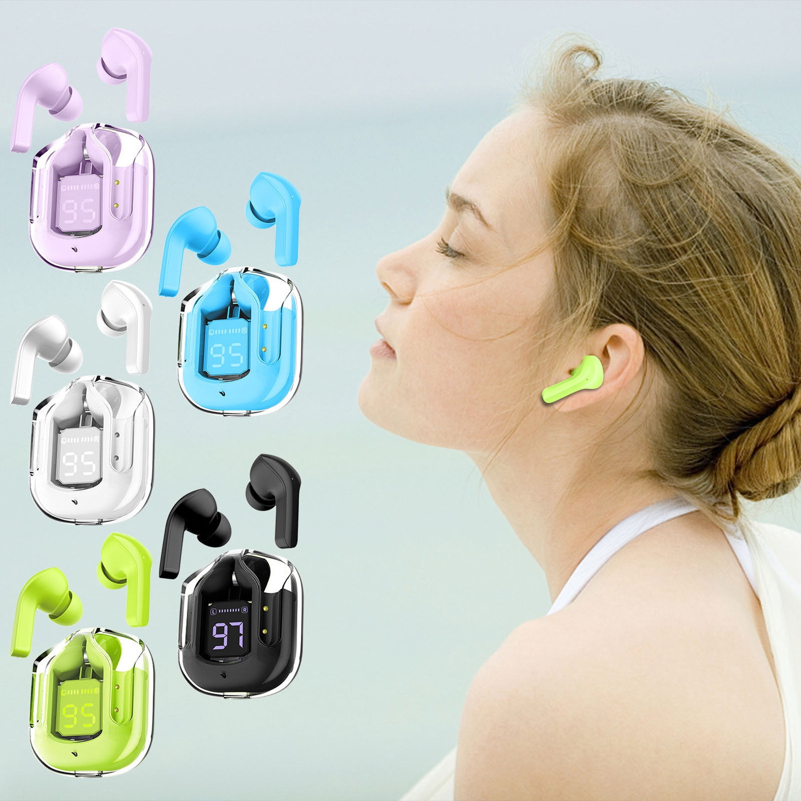 Wireless Earbuds, Transparent Digital Display Headphones Crystal