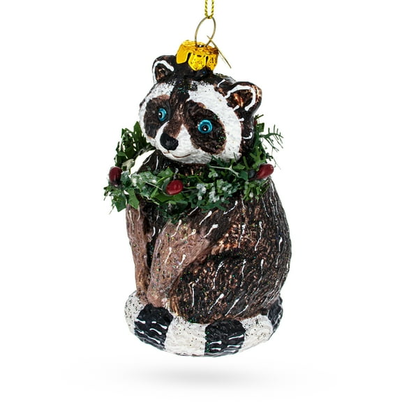 Racoon with Wreath Glass Christmas Ornament