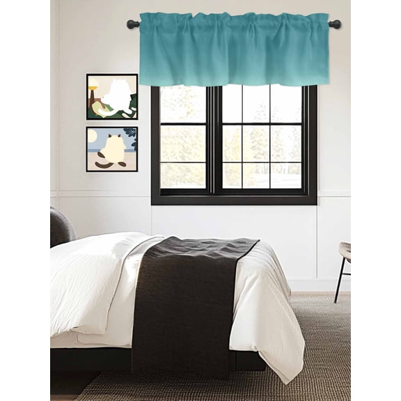 Kitchen Valances for Window, Teal Gradient Watercolor Light Filtering Rod Pocket Valance Curtain, Turquoise Shadow Short Curtains Window Topper for Bedroom Bathroom Living Room 54x18in