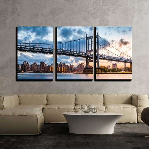 wall26 - 3 Piece Canvas Wall Art - Robert F Kennedy Bridge Aka Triboro Bridge at Sunset, in Queens, New York - Modern Home Art Stretched and Framed Ready to Hang - 24"x36"x3 Panels