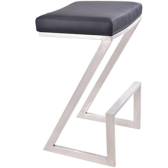 Armen Living Atlantis Backless Barstool, Brushed Stainless Steel Finish with PU Upholstery