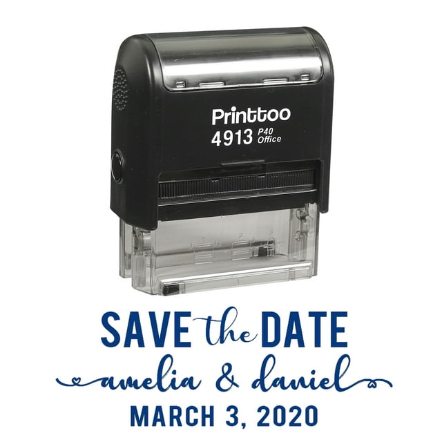 Printtoo Personalized Blue Self Inking Wedding Stamp Custom Save The Date Rubber Stamper-58 x 22 mm