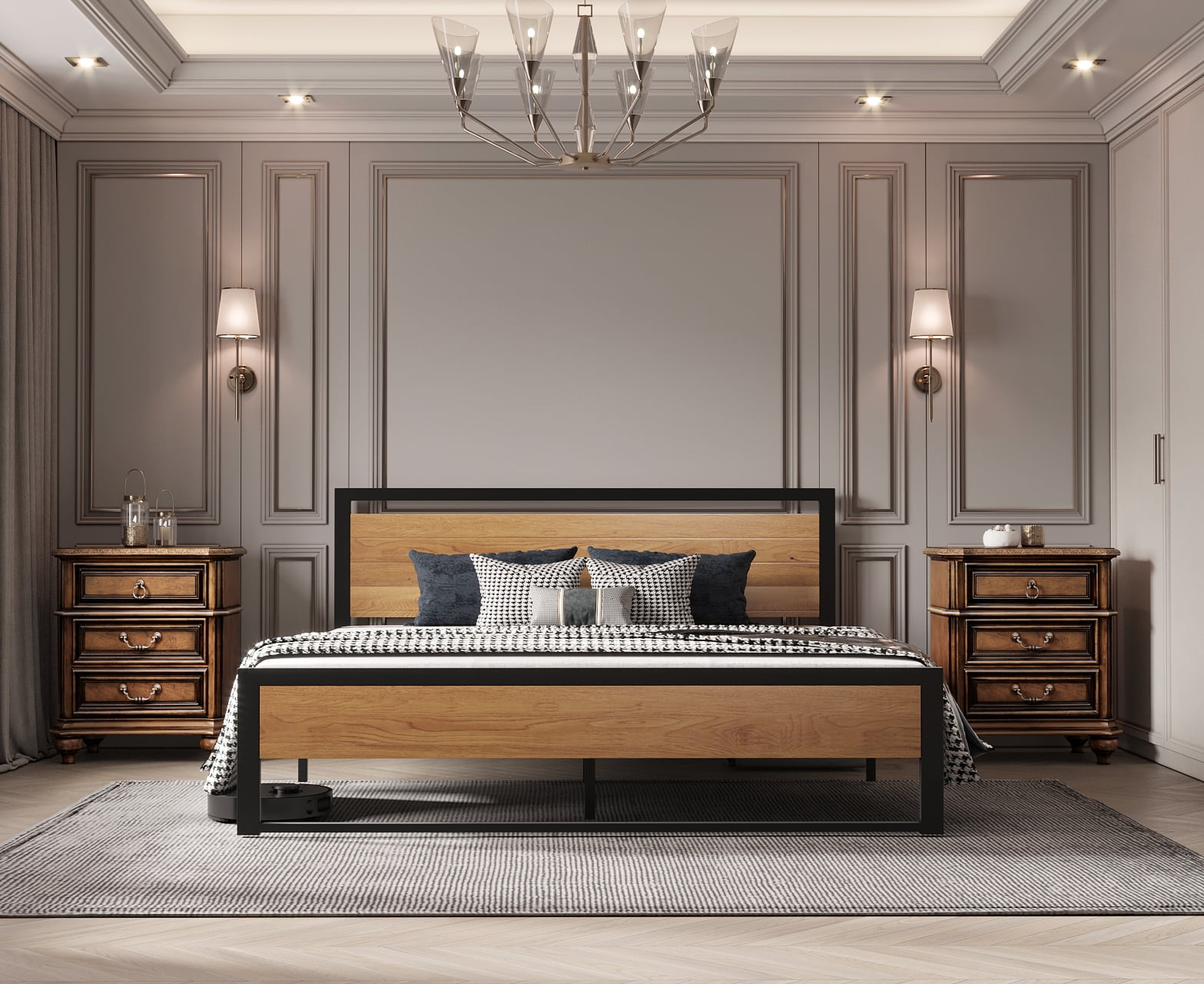 Queen Size Bed Frame Steady Steel Platform with Wood Headboard/Footboard
