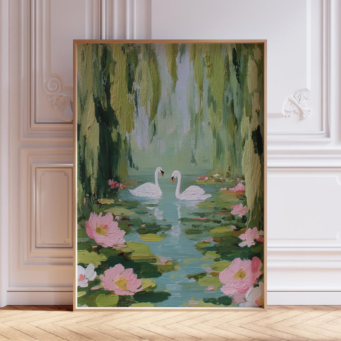 Sage Green And Pink Lake Swan Wall Art Print