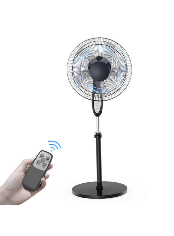 Riousery Oscillating Adjustable Pedestal Fan with 3-Speeds, w/Remote Control, Black, 18" Long, New