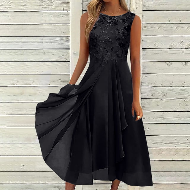 Lenago Robes d'Été Grande Taille pour Femmes Robes Aguichant Unies Sans Manches Col Rond Dentelle Chiffon Taille en Maille Robes de Soirée Plage en Liquidation