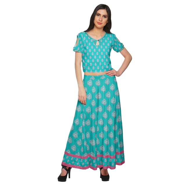 Moomaya Ensemble Palazzo Ample et Crop Top Robe Ethnique Imprimée Santon pour Femmes
