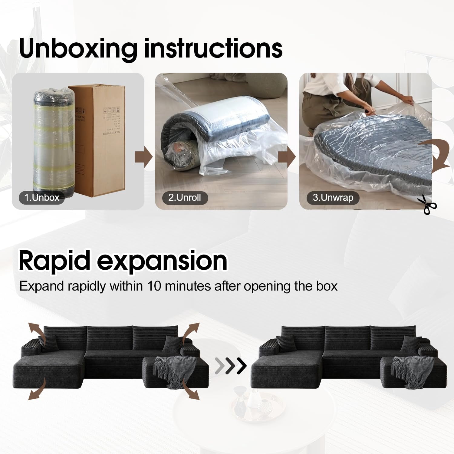 Sailvan 107" Cloud Sectional Couch, Cloudy Sofa with L-Shape Chaise & Ottoman, Upholstered Couches for Living Room & Bedroom, No Assembly Required, Plush Corduroy Fabric, Black
