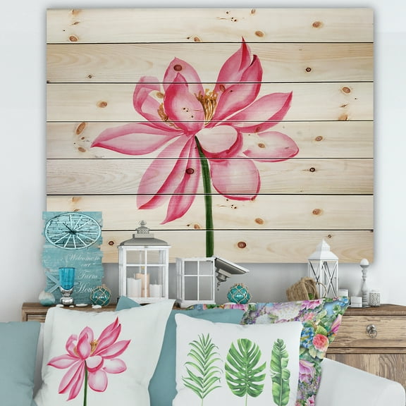 Designart 'Ancient Detail of A Pink Lotus' Traditional Print on Natural Pine Wood
