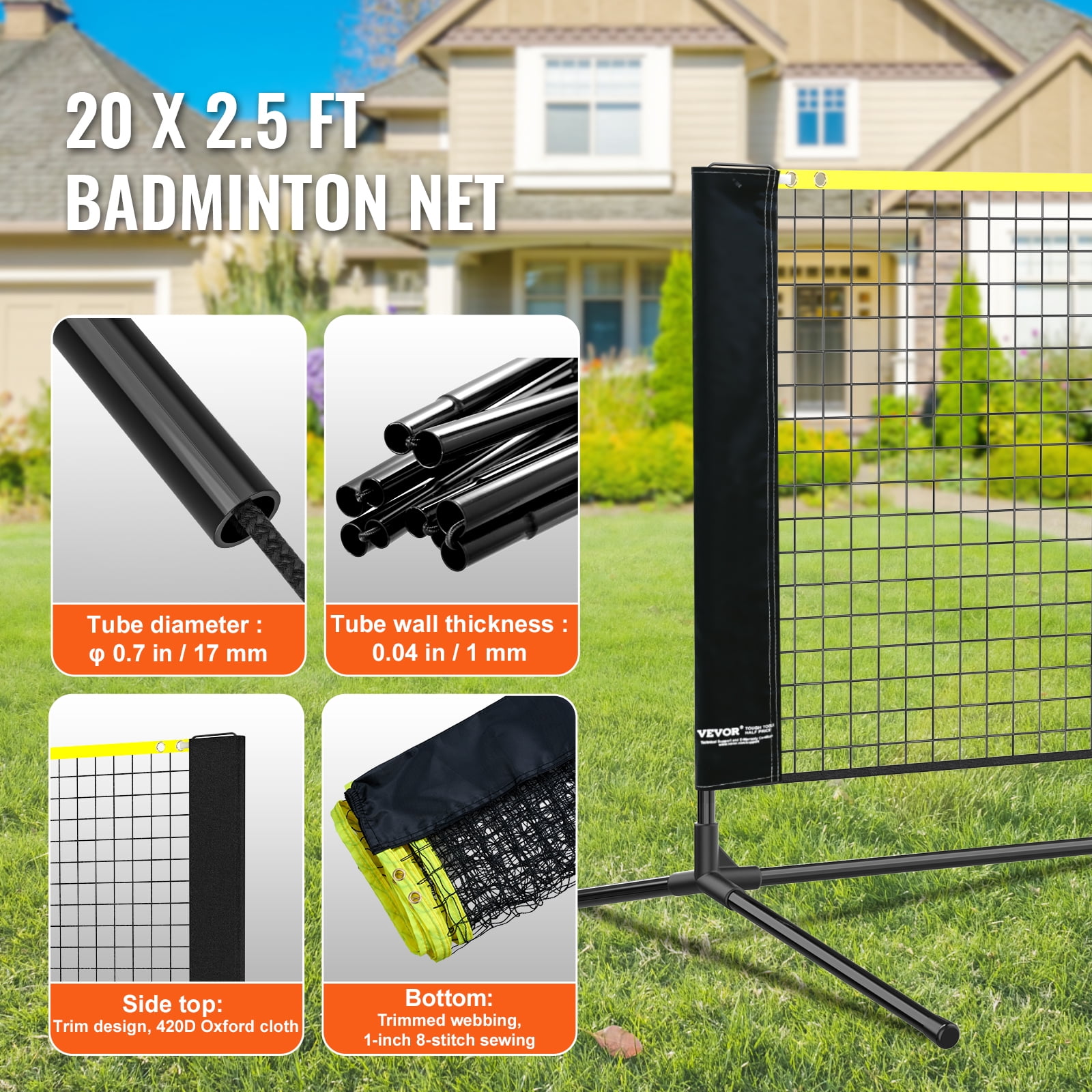 VEVOR Badminton Net, Height Adjustable Badminton Net, 20ft Wide Foldable Badminton Net, Portable Badminton Net Set with Poles, Stand, Bag, Rackets, Nylon Shuttlecocks, Kid Backyard Indoor Outdoor Use