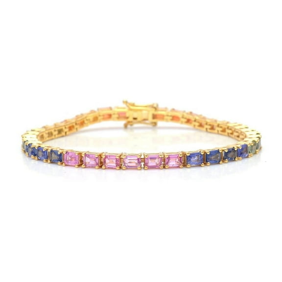 Rainbow Sapphire Tennis Bracelet, 14k Gold plated Emerald Cut Bracelet, Colorful Dainty Bracelet, Natural Gemstone Jewelry, Bracelet for Women