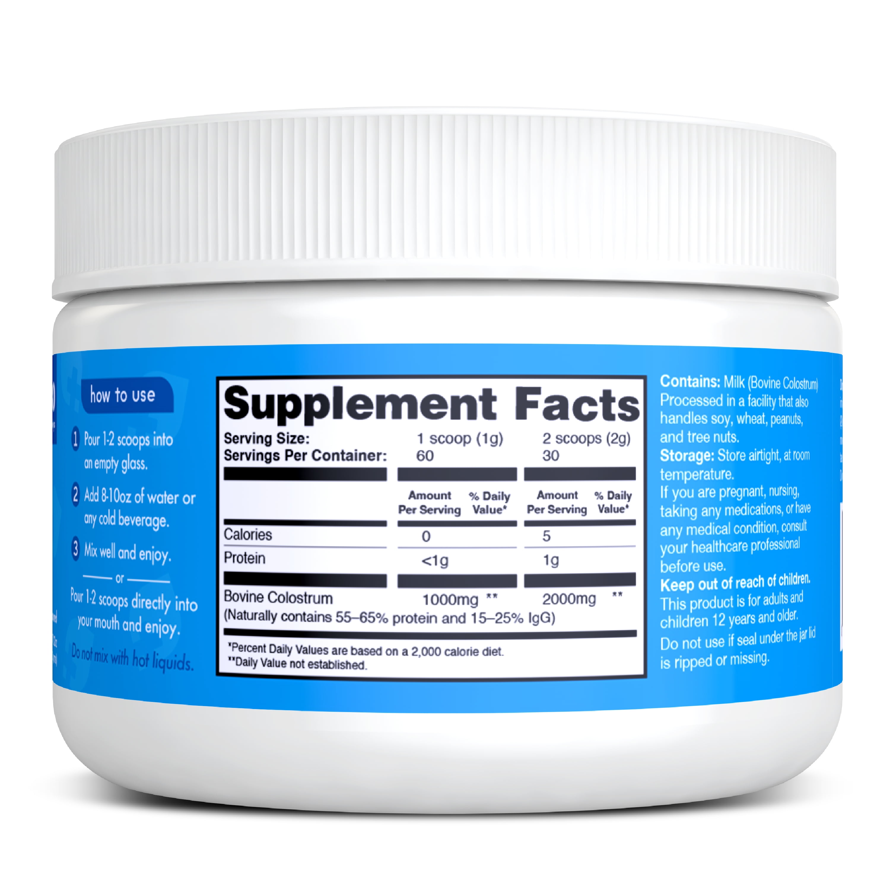 Zena Nutrition Colostrum Premium Powder, 2000mg Pure Colostrum, Gluten-Free, Unflavored For Cold Drinks, 30 Servings