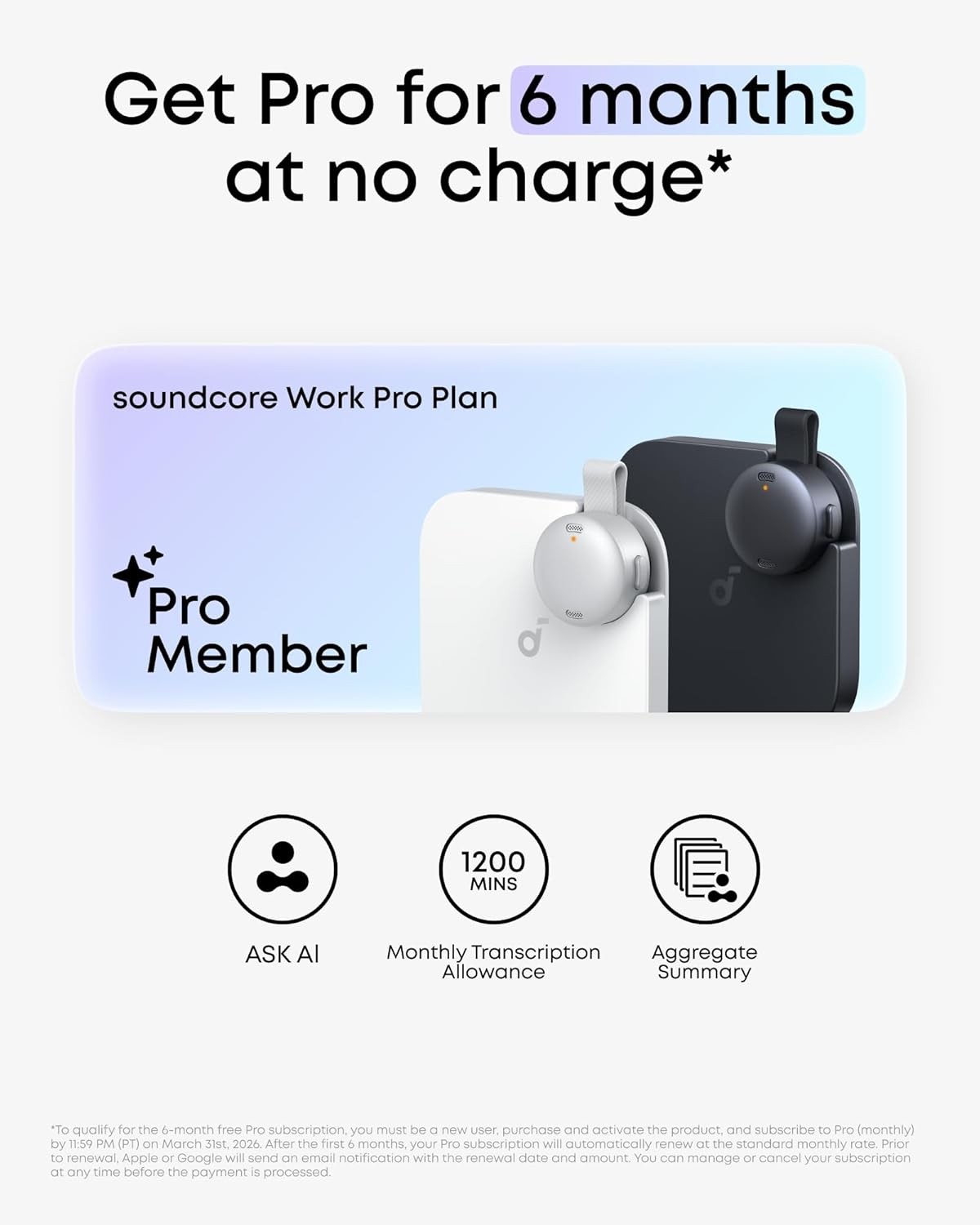 soundcore Work by Anker, Portable AI Voice Recorder, AI Transcription & Summarization, 6-Month Pro at No Charge, Cross-Meeting Summary, Double-Tap to Mark, MFi Certified, Privacy Protection(White)
