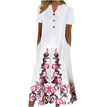 

asdoklhq Maternity Dress Fashion Women Summer Printing Causal V-Neck Button Short Sleeve Vacation Pockets Dress