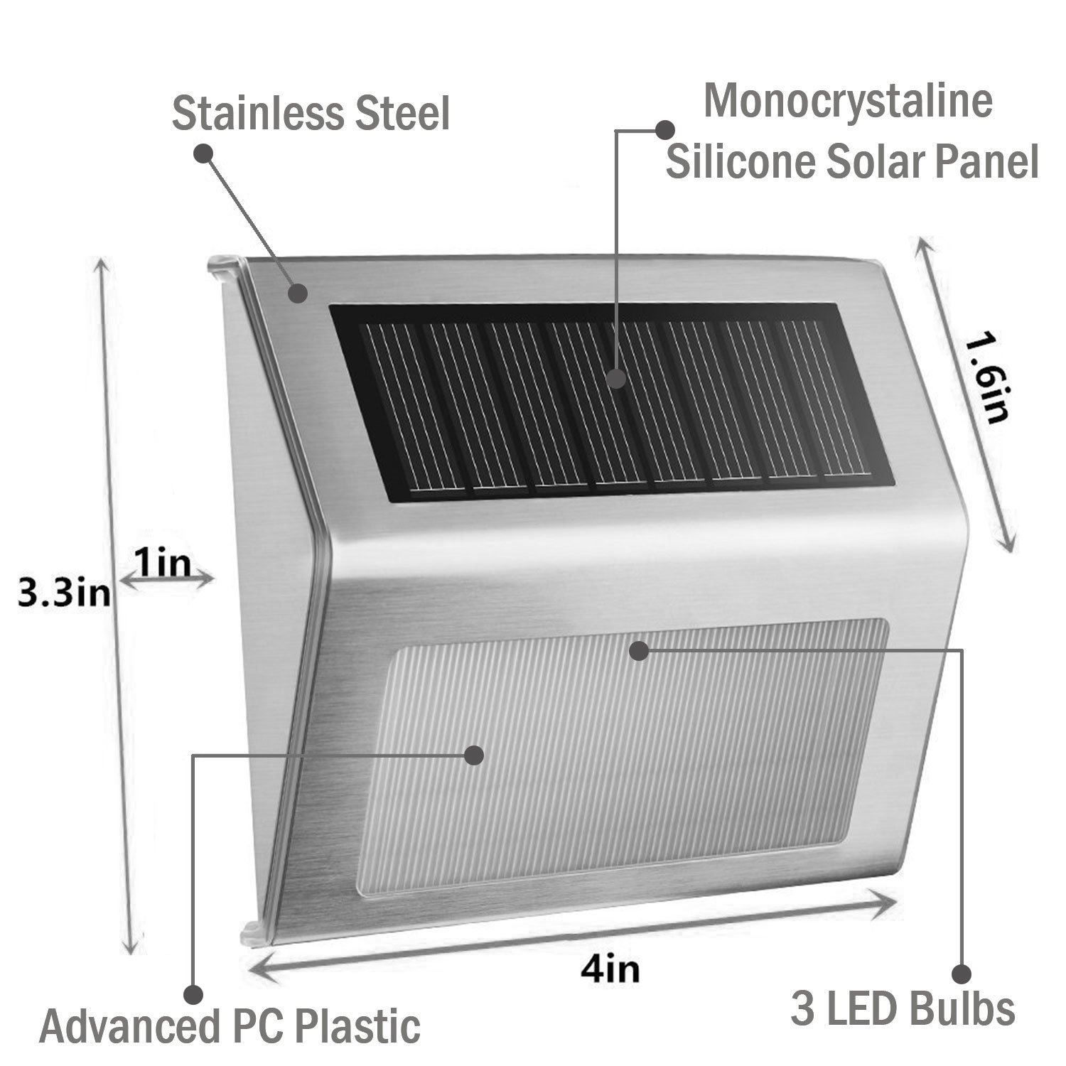 Solar Stair Light, EpicGadget Waterproof Outdoor LED Step Lighting 3 LED Solar Powered Step Lights Stainless Steel Outdoor Lighting for Steps Paths Patio Stairs (6 Pack) - image 2 of 5