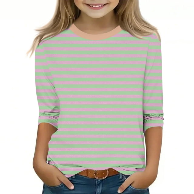 MKOSPLRT Striped Tops for Children Crew Neck Color Block T Shirts 3/4 Sleeve Casual Dressy Shirts Soft Holiday Blouses Comzy Spring Tees