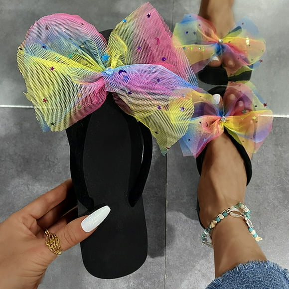 SMihono Sandals Womens Summer Plus Size Sandals Women Slope Heel Open Toe Bow-Knot Slippers Comfy Beach Shoes Flip Flop Slipper On Clearance