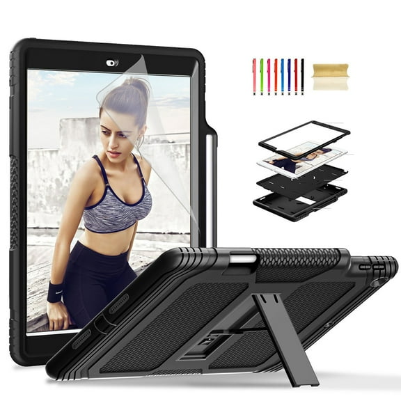 Dteck Heavy Duty Case For iPad 10.2" 7th Generation with Pencil Holder, Armor Defender Rugged Shockproof Kickstand Protective Hybrid Kids Child Proof Cover With PET Screen Protector, Black