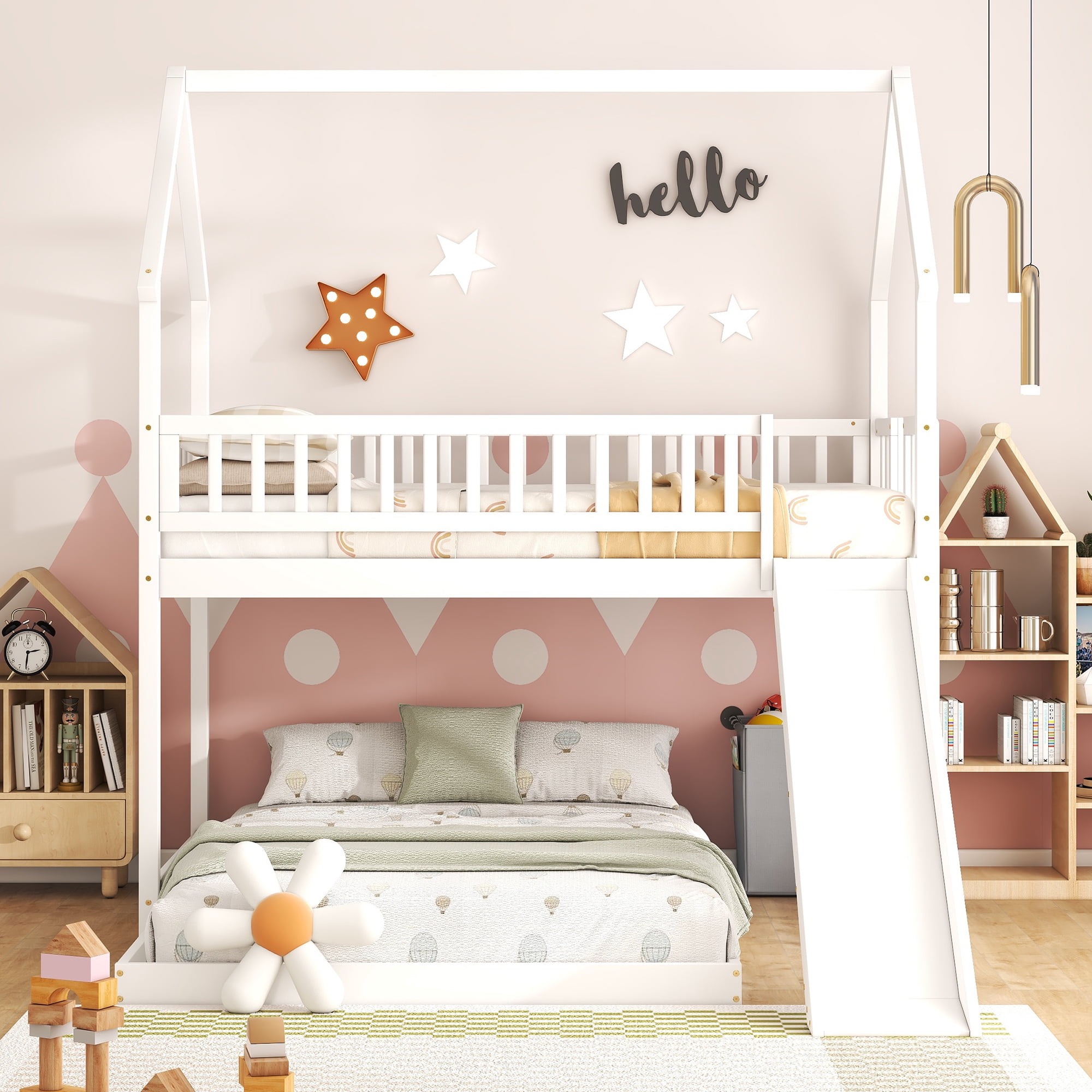 Euroco Wood Twin over Full Bunk Bed, House Bed with Slide for Kids, White