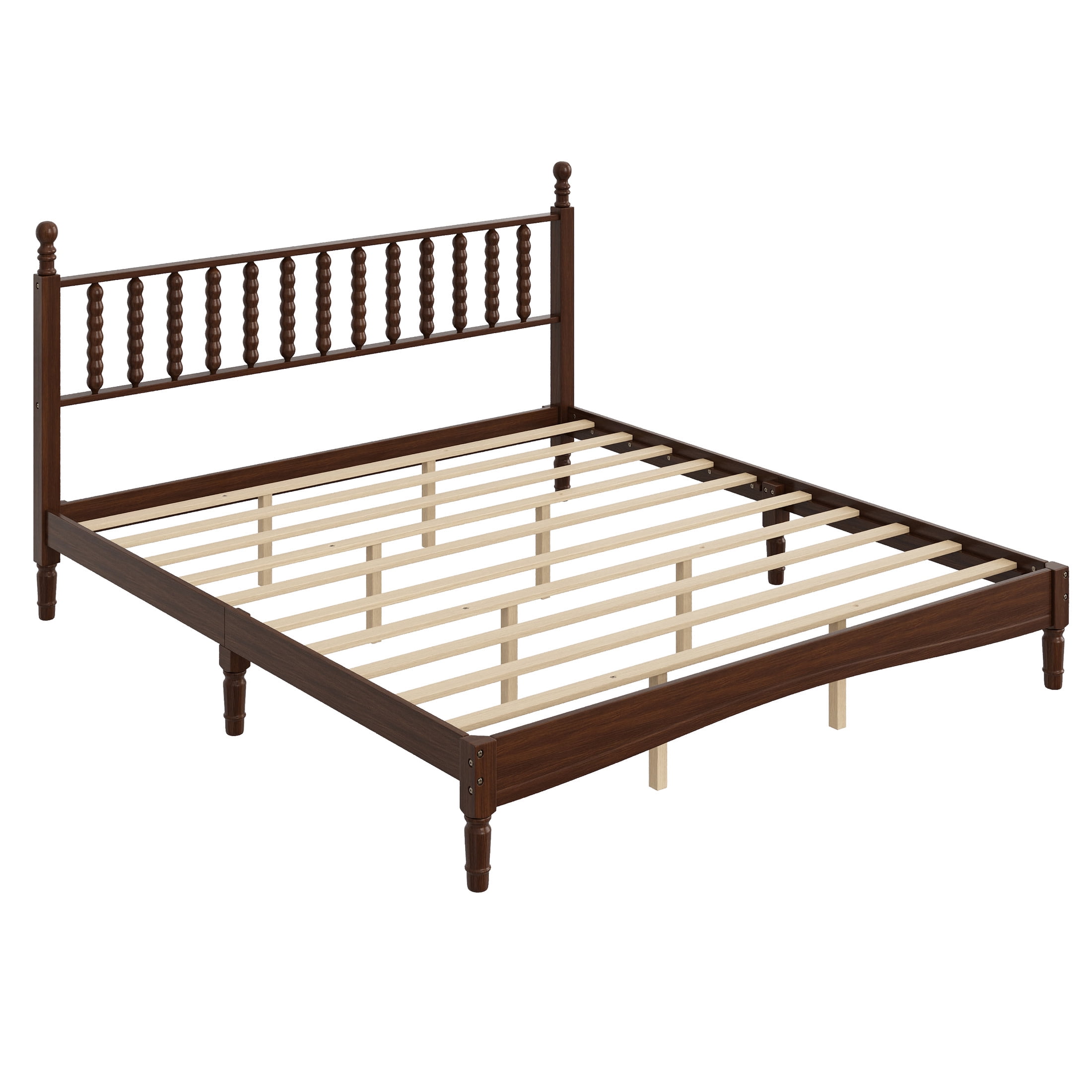 Noble House King Size Wood Platform Bed with Gourd-Shaped Headboard, Retro Style Bed with Wooden Slat Support, Walnut