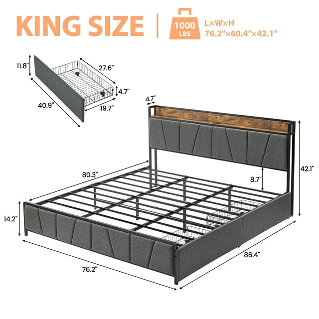 Twin Size Bed Frame with 2 Storage Drawers and Charging Station, Rustic Linen Upholstered Platform Bedframe Easy to Assemble, No Box Spring Needed