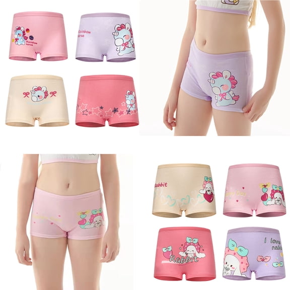 Beilxfa 4 Pack Girls Breathable Underwear Toddler Cartoon Prints Underpants Elastic Cotton Boyshort Panties for 2-12Y Kids